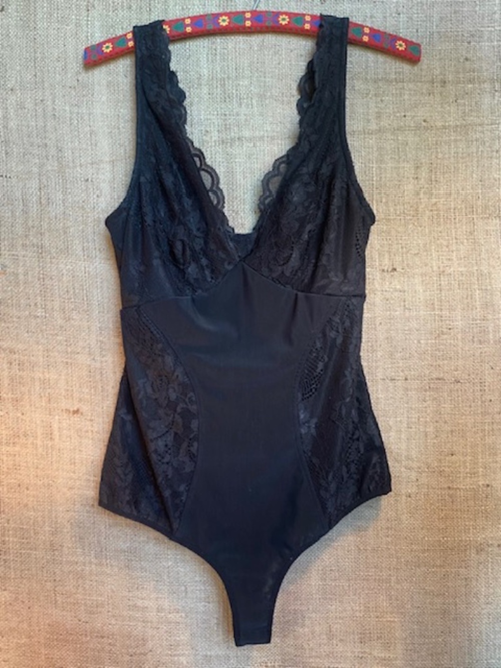 Bebe Bodysuit Black Lace *Control Panel Tummy* Pretty Sexy Plunge Neckline S
